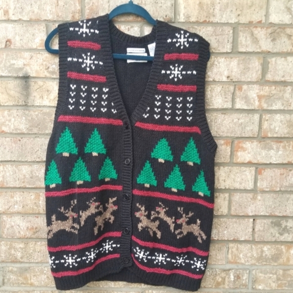 Westbound Christmas Tree Holiday BLACK Sweater Vest (size LARGE) Hand Knitted - Picture 1 of 7